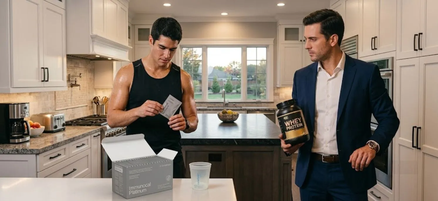 Persona preparando Immunocal Platinum mientras otra sostiene un envase de proteína whey en una comparación entre ambos suplementos proteicos