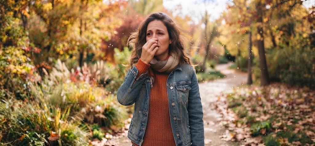 Mujer con síntomas de alergia en un entorno otoñal, relacionada con el sistema inmunitario y el glutatión