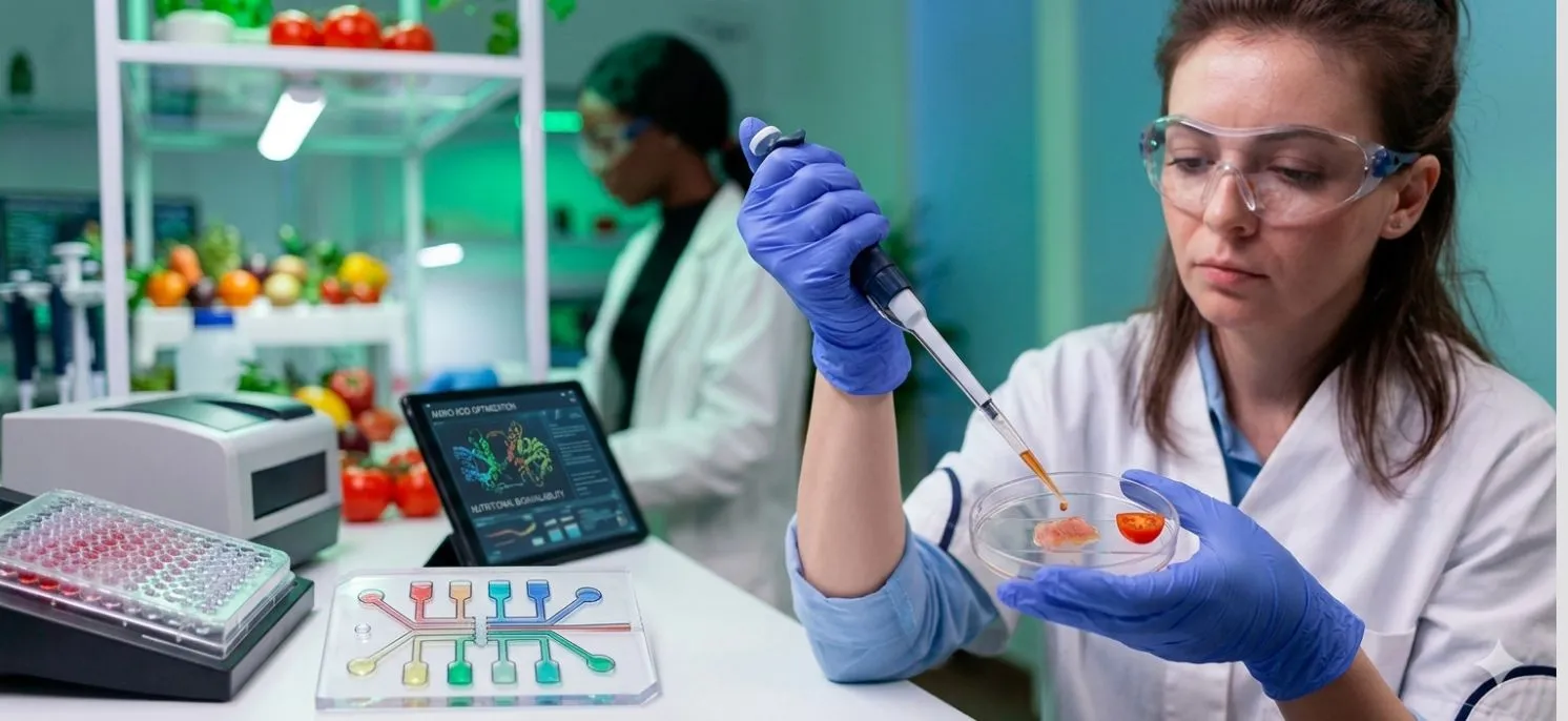 Investigadora en laboratorio examinando una fresa con pinza, imagen utilizada con fines educativos y científicos