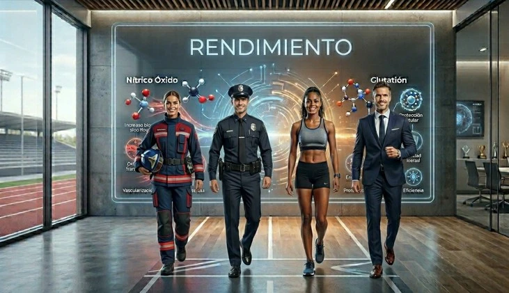 Bombero, policía, atleta y ejecutivo avanzando juntos como representación del rendimiento físico, mental y la recuperación celular relacionada con glutatión y óxido nítrico