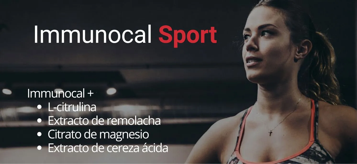 Deportista en un entorno de entrenamiento junto a información visual de Immunocal Sport e ingredientes incluidos en la imagen
