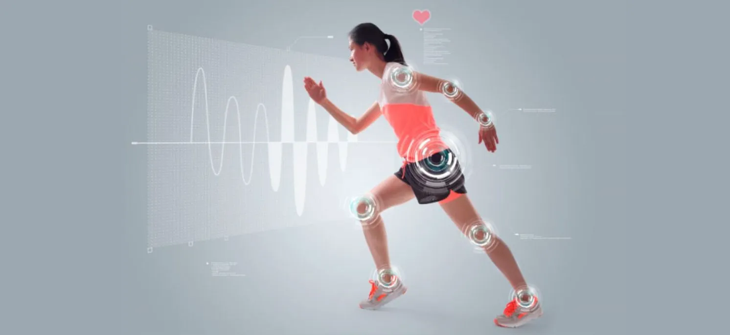 Chica en posición deportiva con círculos señalando articulaciones, ilustrando conceptos de movimiento y bienestar físico