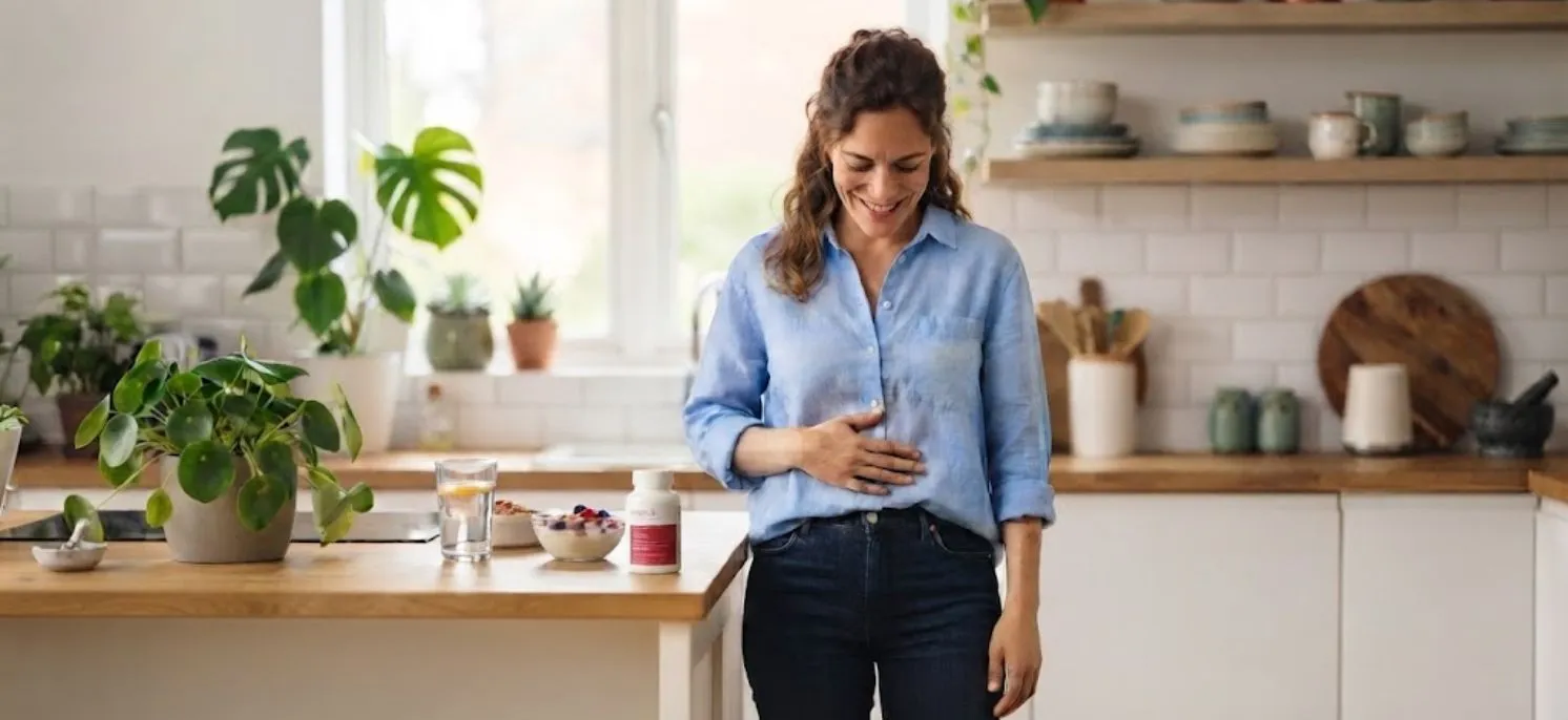 Mujer en la cocina junto a un suplemento de probióticos