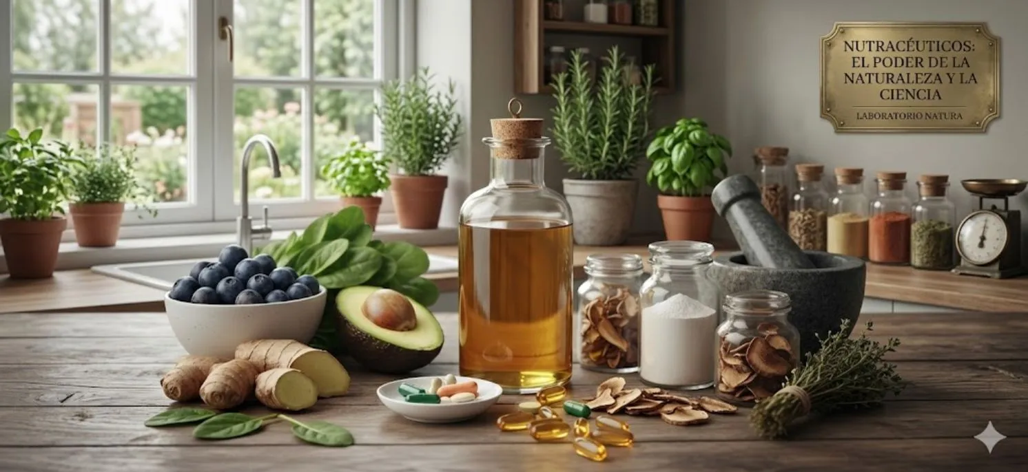 Mesa con verduras, pescado, frutas y frascos con líquidos, acompañada de papeles con notas impresas, representando alimentos y nutracéuticos