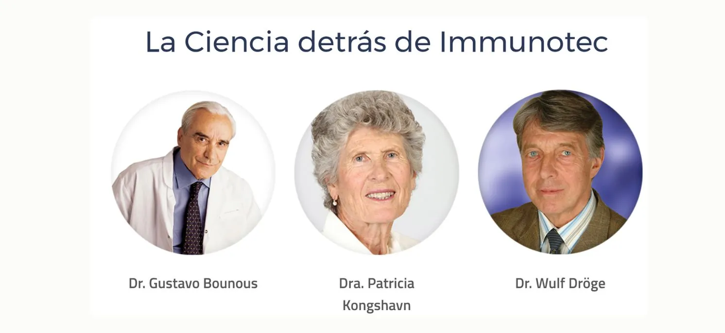 Retratos de los doctores Gustavo Bounous, Patricia Kongshavn y Wulf Dröge, los científicos detrás del desarrollo de Immunotec e Immunocal