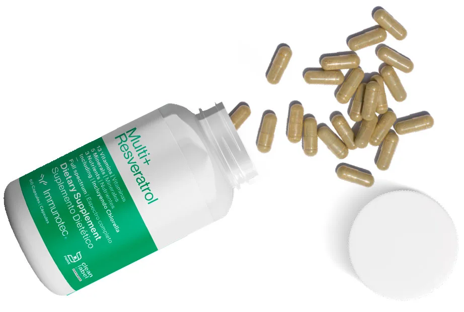 Bote de Multi Resveratrol abierto con pastillas fuera y tapa a un lado