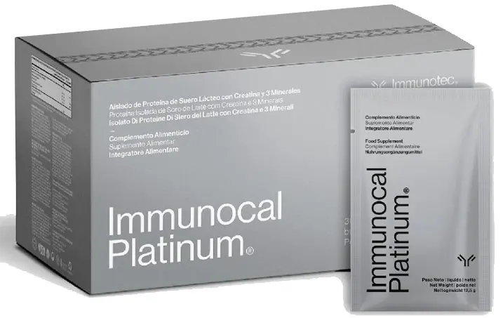 Caja de Immunocal Platinum con cisteina bioactiva precursor de glutatión más magnesio, sodio, potacio y creatina