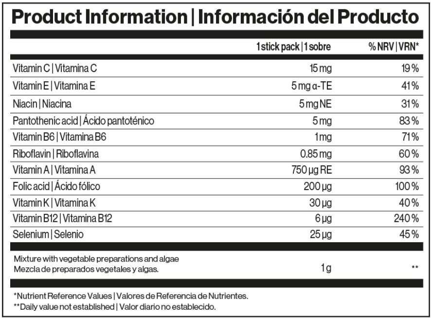 Informacion nutricional Immunocal Booster Verde Tabla que detalla la información nutricional de Immunocal Booster Verde