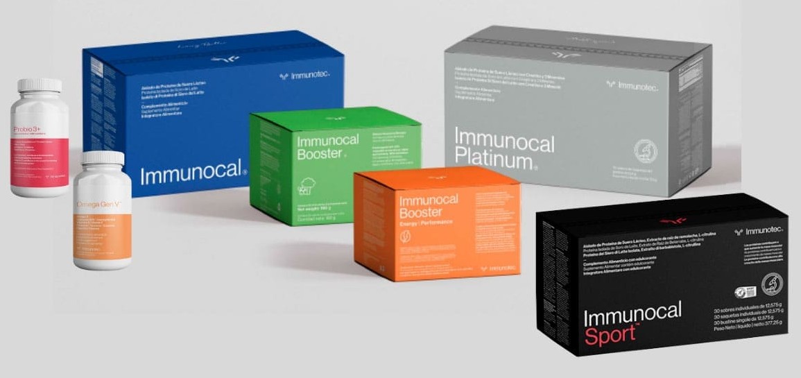 Gama productos marca immunocal Varios productos marca Immunocal: Immunocal, Immunocal Platinum, Immunocal Sport, Booster Energy Booster verde Omega y Probio 3
