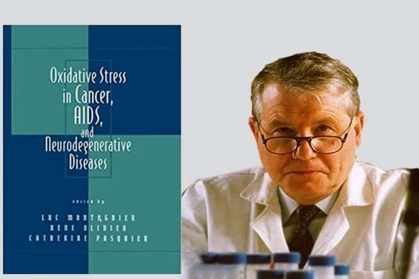 Dr. Luc Montagnier, Premio Nobel en Medicina, junto a su libro que aborda estrés oxidativo y glutatión, incluyendo referencias a cisteína bioactiva