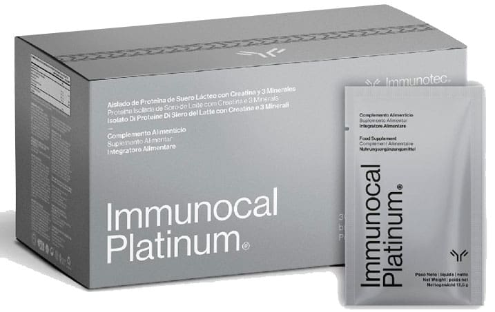 Caja de Immunocal Platinum con cisteina bioactiva precursor de glutatión más magnesio, sodio, potacio y creatina