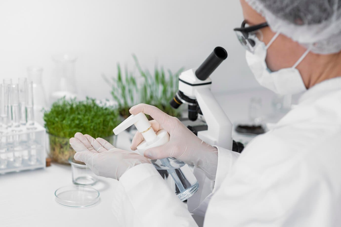 Cientifica haciendo pruebas con echando agua con un atomizador