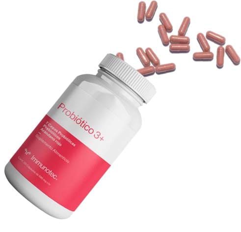 Frasco de Probio 3+ con pastillas fuera donde se ve su apariencia