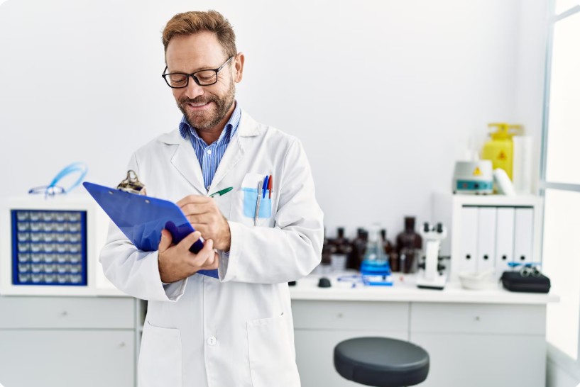 Médico en un laboratorio escribiendo en una carpeta