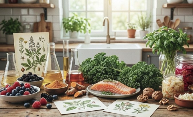 Pescado y pastillas de pescado que simbolizan alimentos nutracéuticos