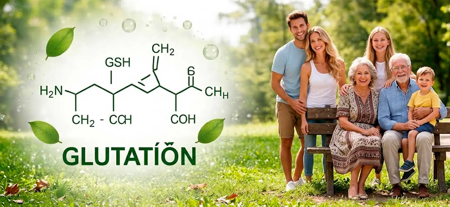 Familia saludable y feliz en un parque, a su lado aparece el simbolo del glutatión