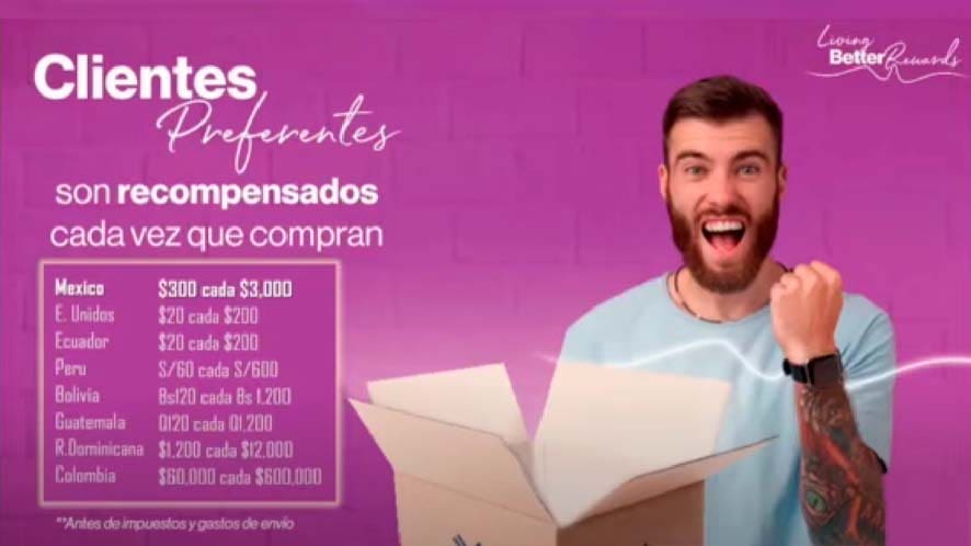 Joven celebrando el sistema de puntos y compensación para clientes preferentes de Immunotec en Francia junto a la información por países.